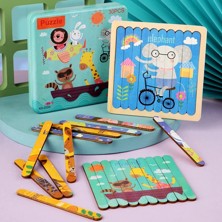 Educational children Wooden Creative Strip Puzzle Wooden Bar Puzzle Animal traffic matching jigsaw puzzle