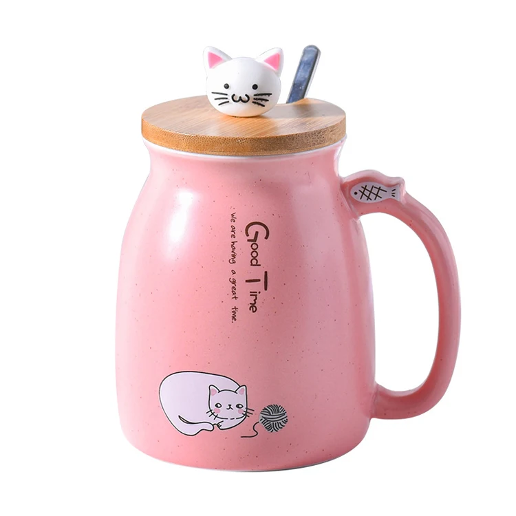 Zogift cute cat style ceramic mugs wooden lid spoon cartoon creative morning mug milk coffee tea unique porcelain coffee mugs