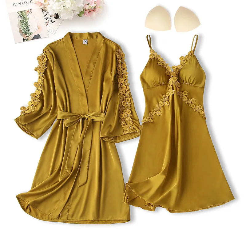 Women Lace Satin 2pcs Pajamas set Silk Sexy Nightgown for Bride
