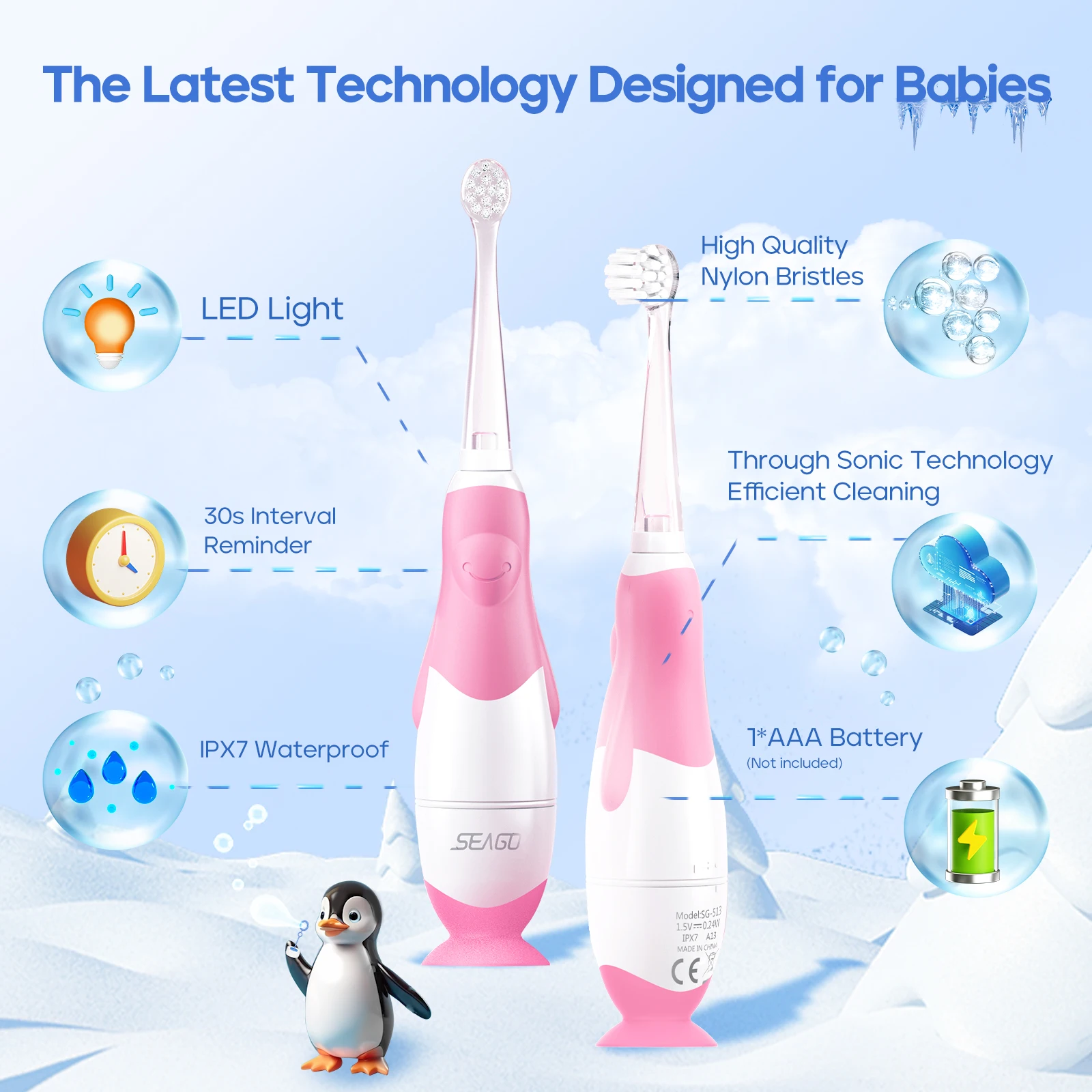 SG513 OEM Sonic Gentle Vibration Safe Tooth Brush LED Light Battery Powered 4 Brush Heads Kids Baby Electric Toothbrush