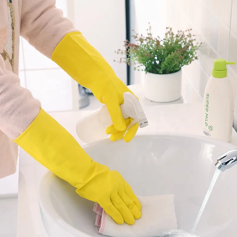 Cheap Price Low MOQ 40g Yellow 30cm Flocklined Household Rubber Latex Gloves for Kitchen Cleaning and Laundry