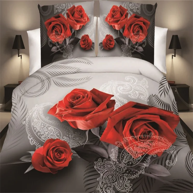 Quilt Cover Set Red Rose King Size 3D Bedspread Luxury Home Bedding Set