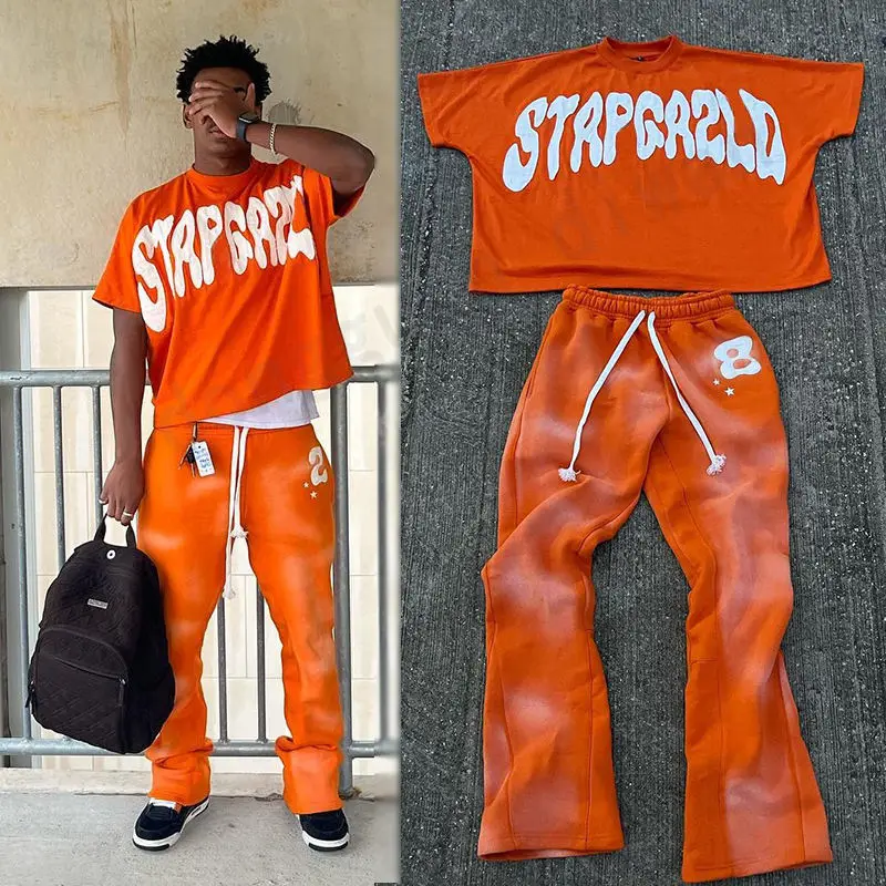 Acid Wash Sweat suit Jogger Tracksuit Short Sleeve Cropped Boxy Custom Patch 2 Piece T Shirt and Pants Set Men