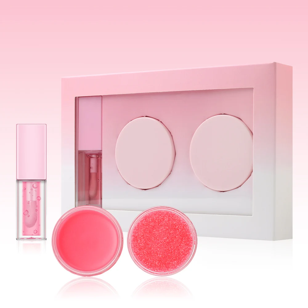 Pink 3 In 1 Nourishing Lip Mask Sugar Fruit Flavor Balm Scrub Treatment Oil Private Label Lip Care Kit