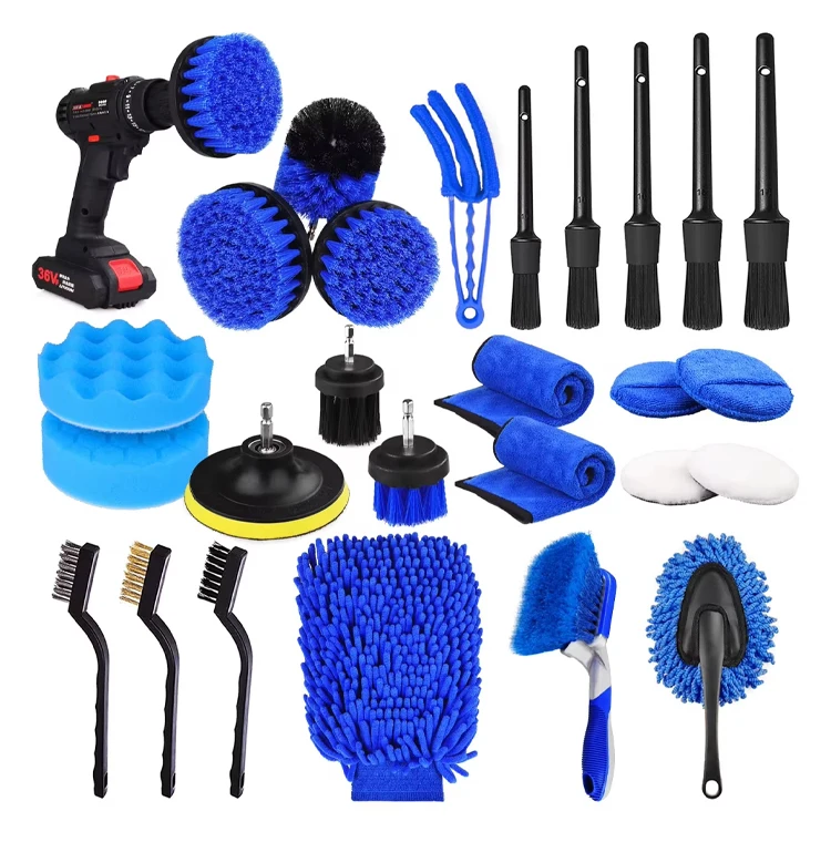 26 Pcs Car Detailing Brush Set Auto Drill Clean Brushes Buffing Sponge Pads Cleaning Tools For Interior Exterior Washing