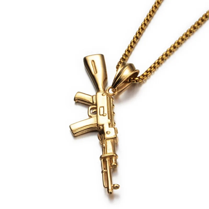 Hip Hop Bar Automatic Rifle AK47 Waterproof Tarnish Free 316l Stainless Steel Jewelry Pendant Necklaces for Man Men Male