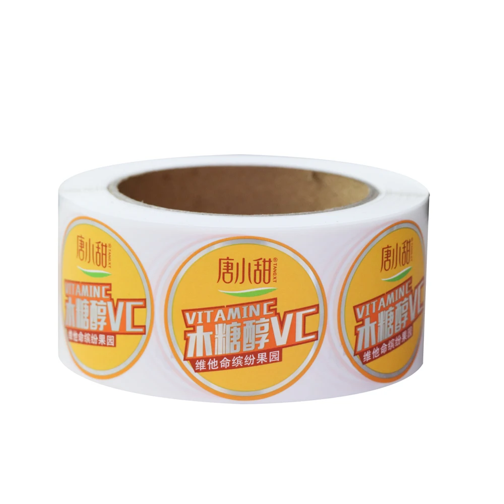 Custom production design Round logo Roll Gum food Adhesive Stamping Gold Foil Sticker Labels UV Printing