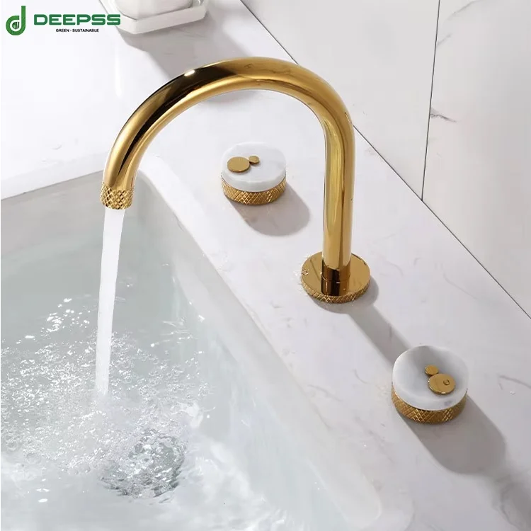 DEEPSS Factory Supply Shine Gold Basin 3 Pieces Separate Lavatory Faucet Brass 2 Handle Hot and Cold Mixer with Flexible Hoses