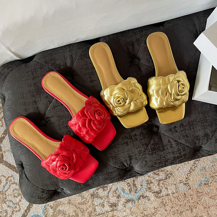 women Genuine Leather designer Summer Beach Outdoor Casual square Toe Gold flowers Slides Slipper sandals for women and ladies