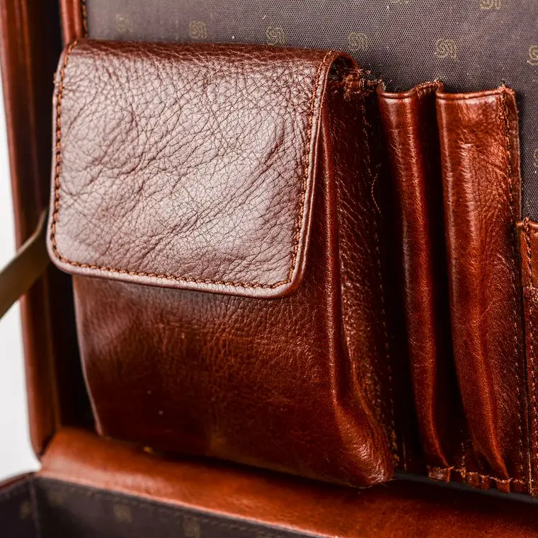 Glary vintage italian hard sided leather portfolio folding brief case with long lock