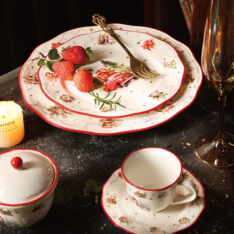 Snow embossed red rim decorative ceramic tableware plates and bowls dinner sets luxury porcelain christmas dinnerware set