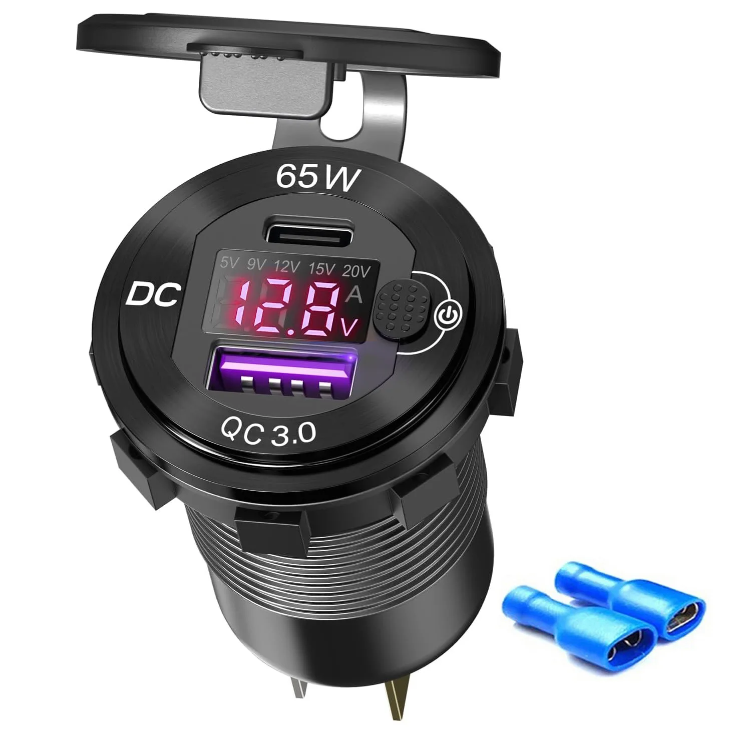 12v   65W PD3.0+ QC3.0 Car USB Port Aluminum Socket with Button Switch Smart Voltmeter and ammeter