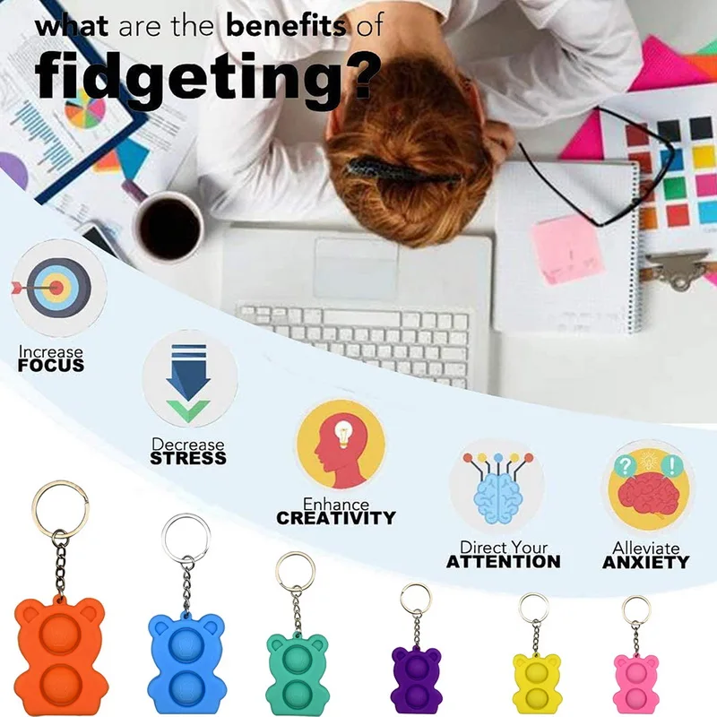 Bear Mini Push Bubble Sensory Toy Keychain Autism Squishy Stress Reliever Toys for Adult Kids Relief Funny Fidget Toys