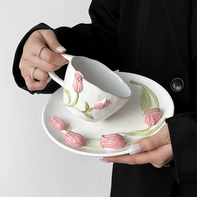 French Style Relief Ceramic Tulip Pattern Coffee Cups And Dessert Plate Set Milk Glass Coffee Mug