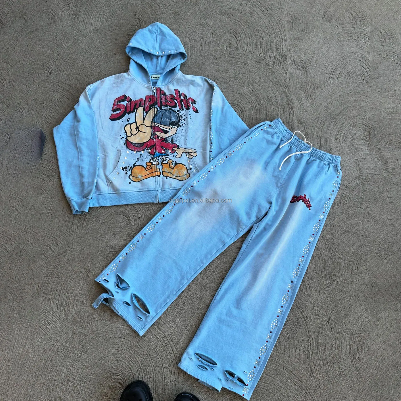 Custom Manufacturer Streetwear Rhinestone Zip up Hoodie Sweat Pants Set Acid Wash Man Tracksuit Sun Faded Men Sweatsuit