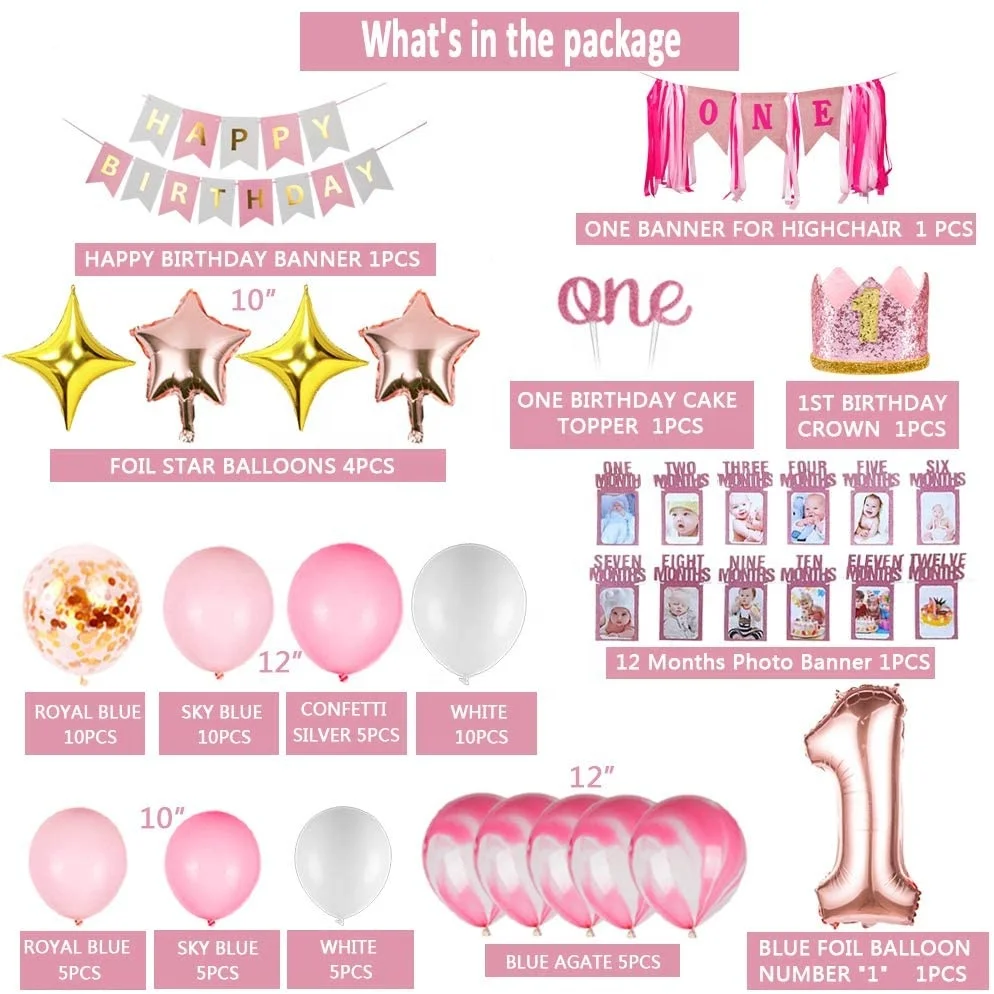 Pink Girl 1st Birthday Decorations Girls with 12 Months Photo Banner and 1st Birthday Baby Crown for  birthday party