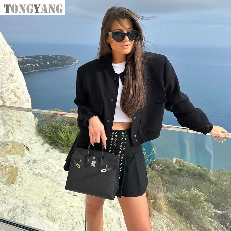 TONGYANG Women Fashion With Pockets Bomber Jacket Coats Vintage Long Sleeve Front Button Casual Female Outerwear Chic Tops