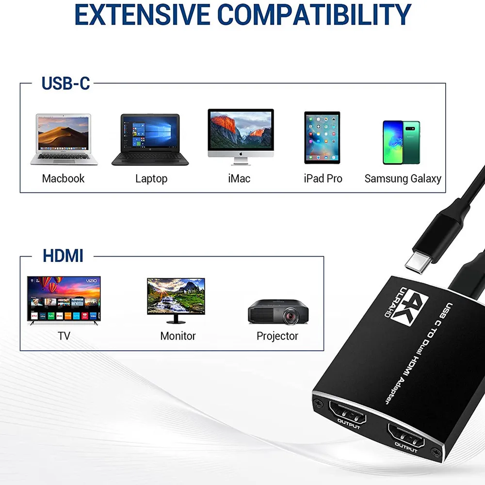USB C to Dual HDMI Displays Digital AV Adapter 4K 60hz USB 3.1 Type C to 2 Port HDMI Converter with PD and 3.5mm Audio