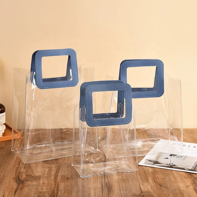 thick clear PVC tote handbag custom logo print transparent plastic bag with PU leather handle for swim beach small things pack