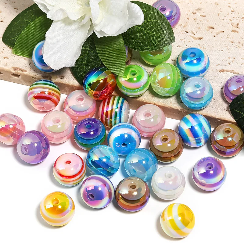 Rainbow Acrylic Beads Round Stripe Beads Loose Spacer Beads for Jewelry Making DIY Handmade Crafts Accessories