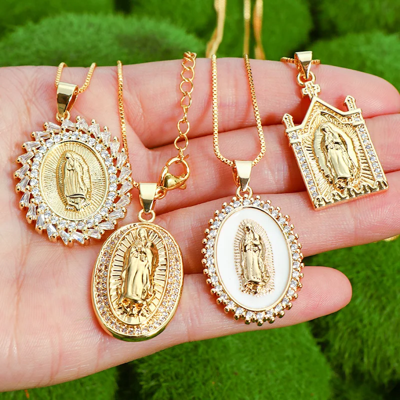 Real Gold Plated Rainbow CZ Oval Virgin Mary Pendant Necklace Trendy Gold Tone Religious Jesus Mary Necklace For Girls