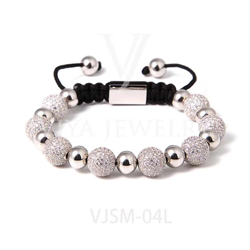 New Arrival Luxury Hand Jewelry 10mm Brass Bead Micro Zircon Pave Braided Men Beads Bracelet