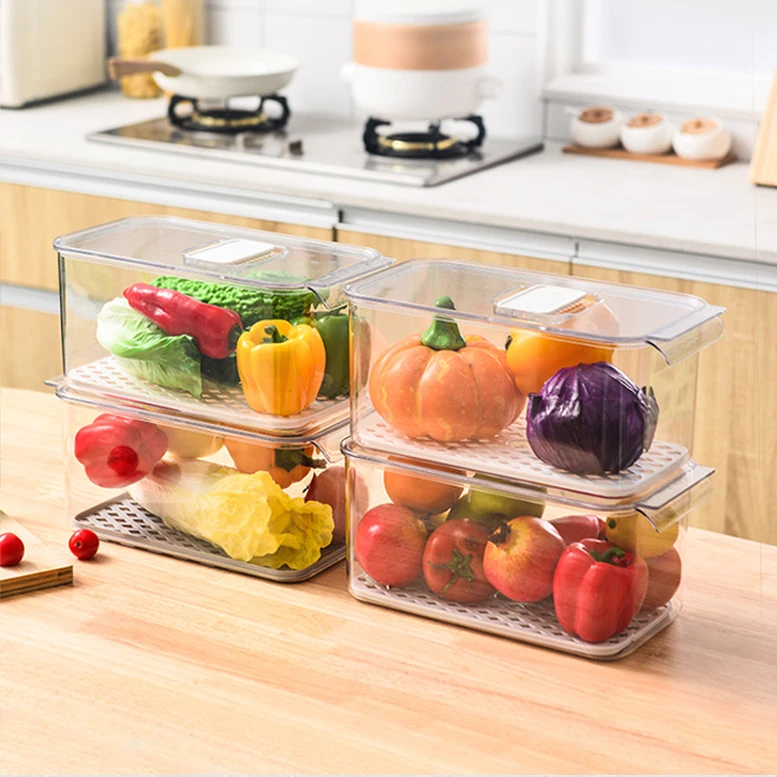 BPA Free Clear PET Plastic Stackable Fridge Refrigerator Freezer Vegetable Fruits Food Storage Box Bin with Lid and Drain Tray