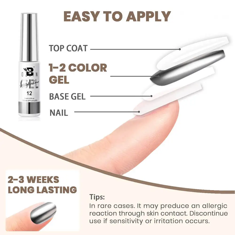 Private Label BOZLIN High Density 8ml 3D Metal Silver Mirror Chrome Metallic Drawing Paint Liner Nail Gel Polish