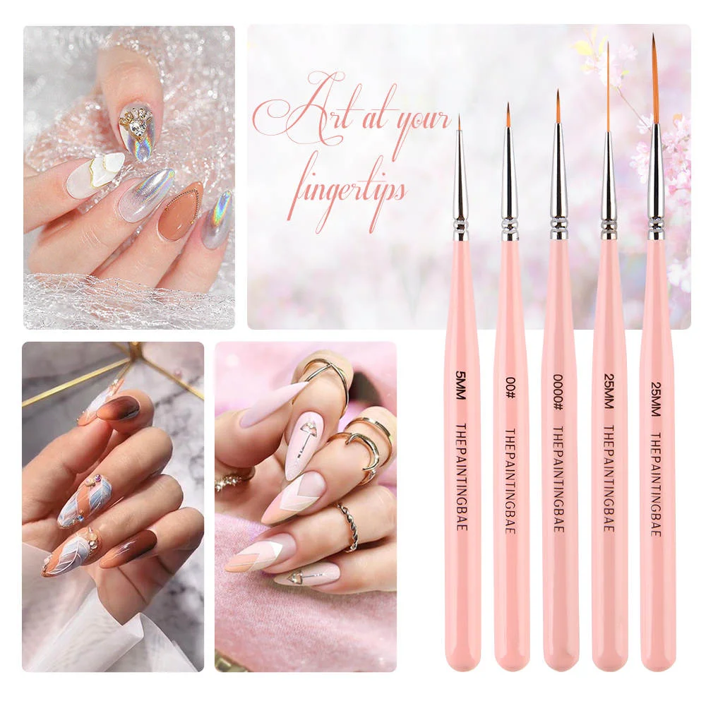 2021 Private label liner Brush drawing pen nail art brush pink wood handle soft hair nail art liner brush set