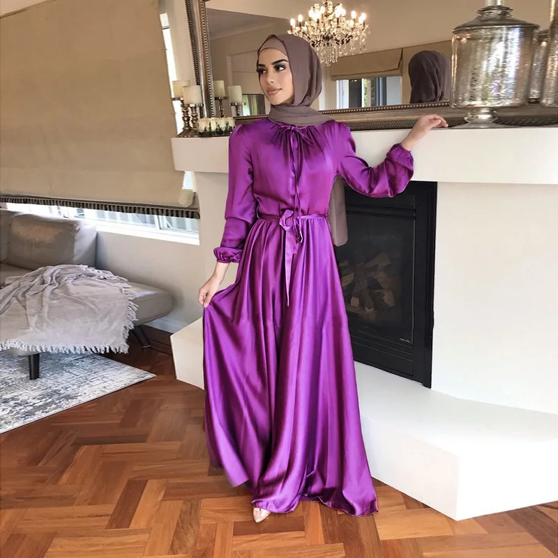 Popular Dubai Middle East Kuwait Elegant Satin Long Soft Large Modest Habaya Ramadan Ethnic Tie Kaftan Abaya Women Muslim Dress