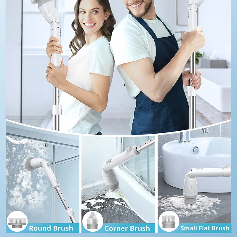 Adjustable Multi-function Handle for Washing Bathroom Tile Floor Electric Spin Scrubber Silicone Telescopic Cleaning Brush