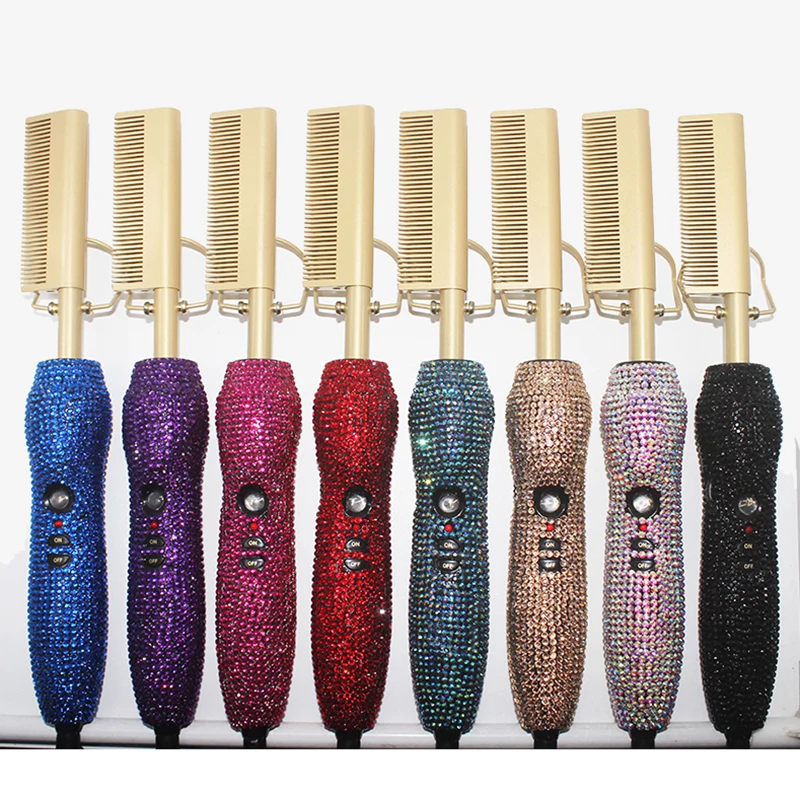 Wholesale Customize Oem 500 Degree Hot Comb Adjustable Temperatures Curler 2 In 1 Hair Straightener Bling Hot Comb Electric