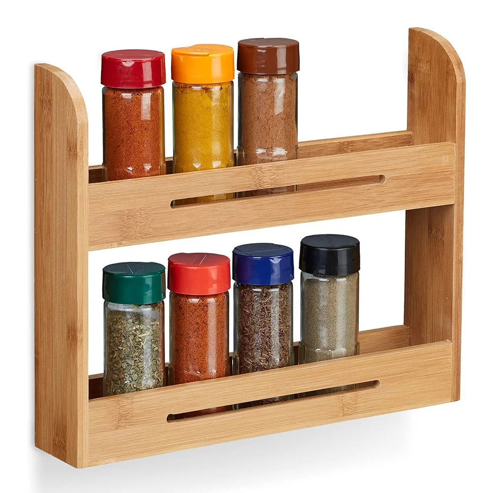 Wooden Kitchen Storage Shelf 2 Tier Bamboo Spice Rack Organizer Stand Tabletop Shelves for Kitchen