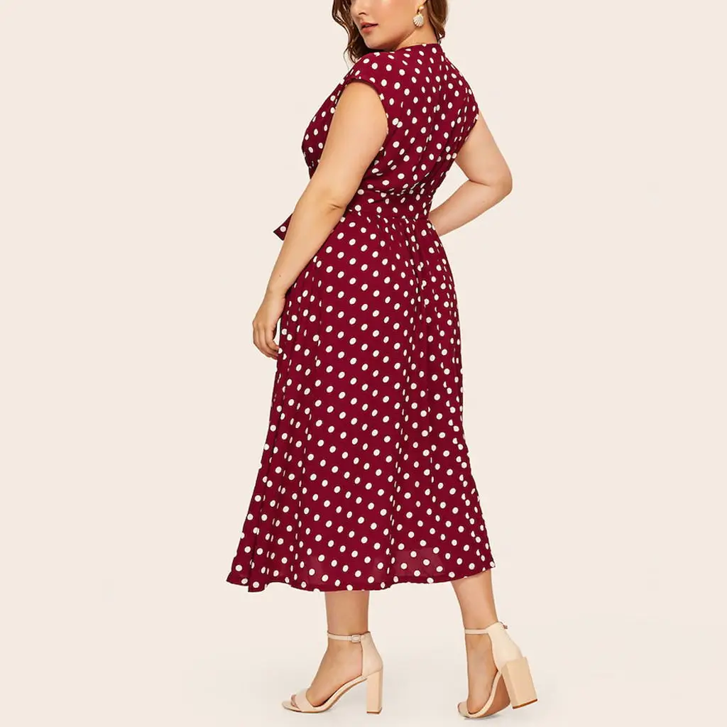Plus Size Polka Dot Dress Summer Front Button Lace-Up Waist V-Neck Fat Women Dress Casual Loose Large Ladies Midi Dress
