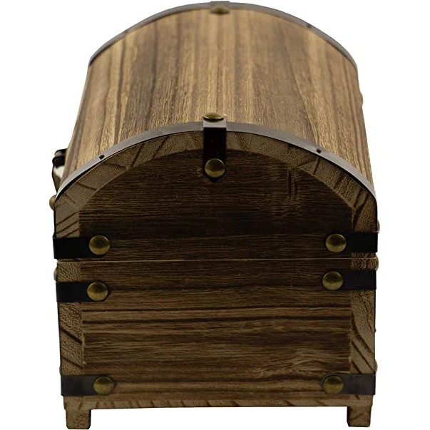 Decorated retro wooden treasure chest in natural wood-burning style with decorative metal profile and metal hinges