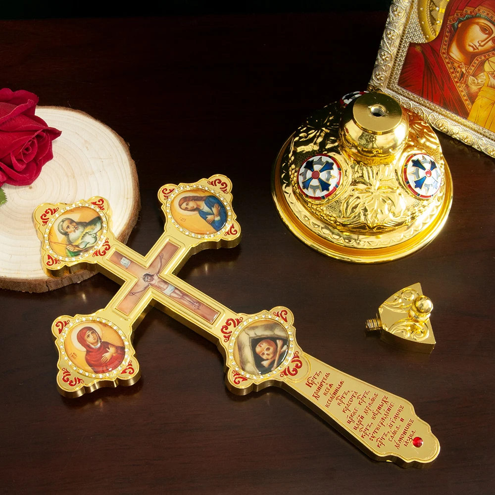 HT New Orthodox Jesus Crucifix With Mary Religion Character Icon Color Enamel Decor Bishop Prayer Handheld Cross Altar Cross