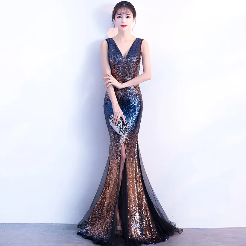 New Long Deep V Sequin Fishtail Hosting Performance Nightclub Evening Party Dress Annual Banquet Car Model Wear
