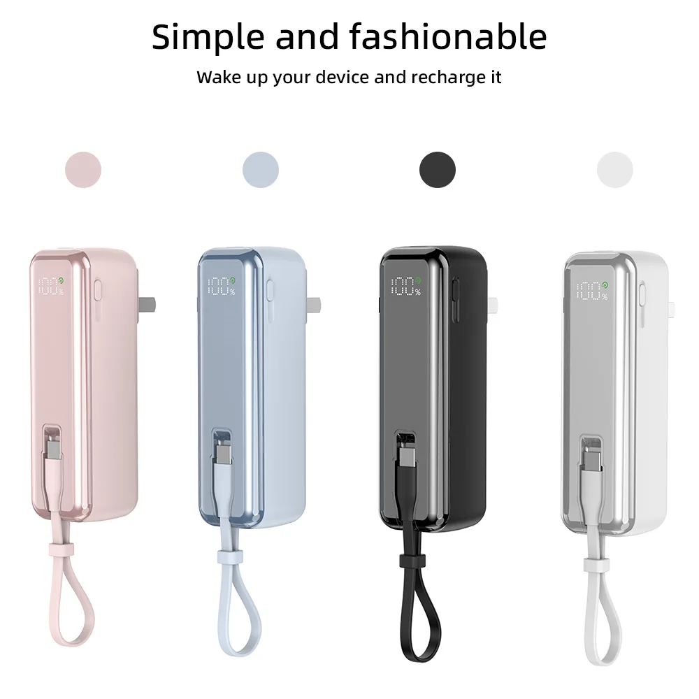 3-in-1 5000mAh Portable Charger with Built-in USB-C Cable and Foldable AC Plug Wall Charger Travel Power Bank Cargador Portatil