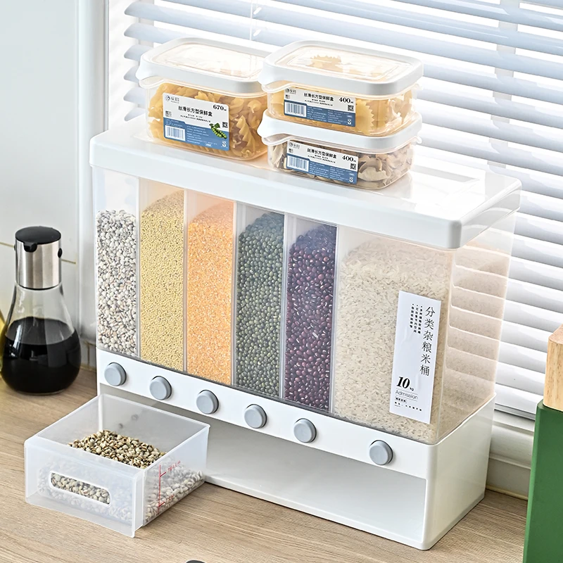  Hot selling Wall Mounted Divided Rice and Cereal Dispenser 10 KG Plastic Automatic Damp-proof Racks Sealed grain Storage