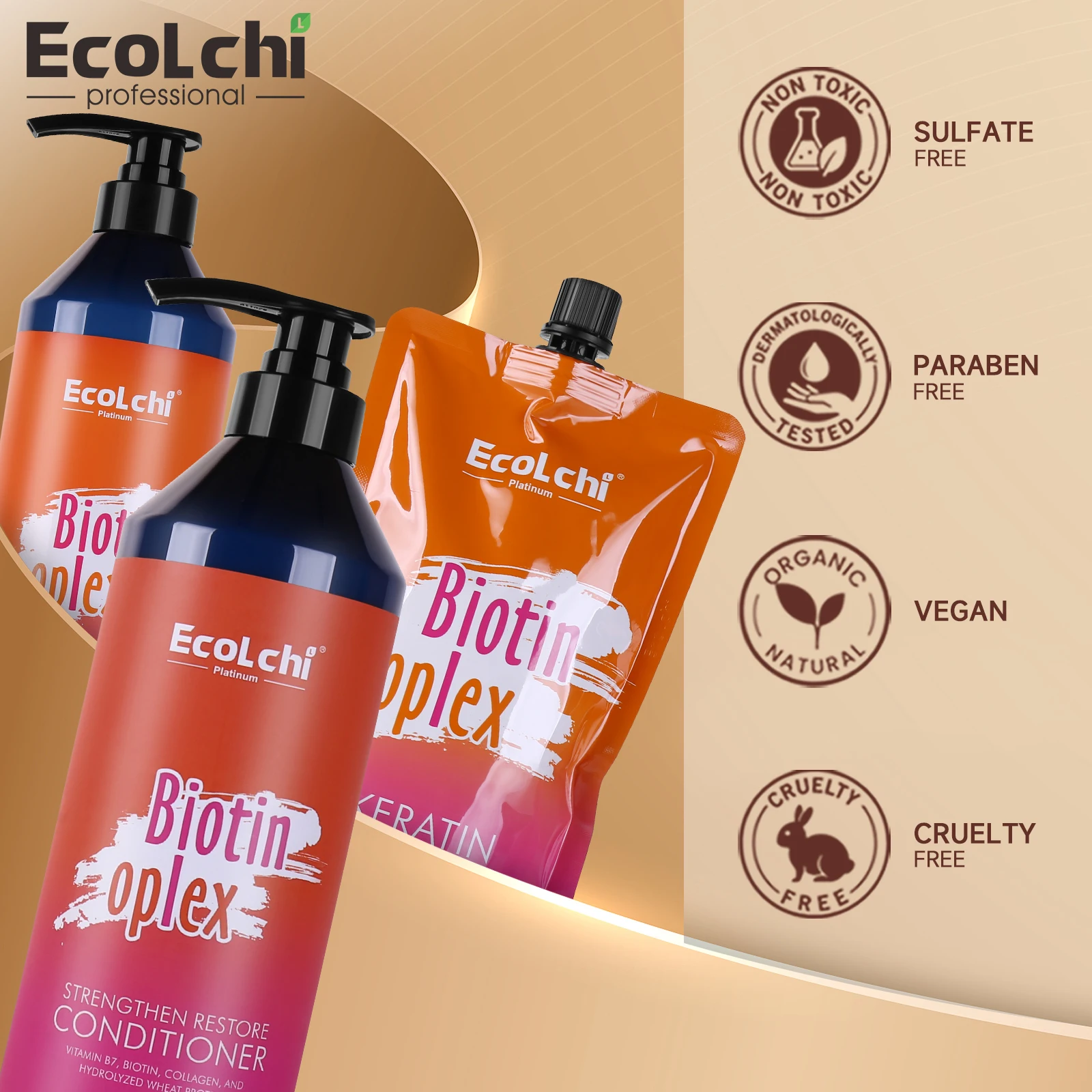 Ecolchi Factory OEM Natural Keratin Repair Damaged Treatment Hair Mask Sulphate Free Biotin Collagen Shampoo And Conditioner Set