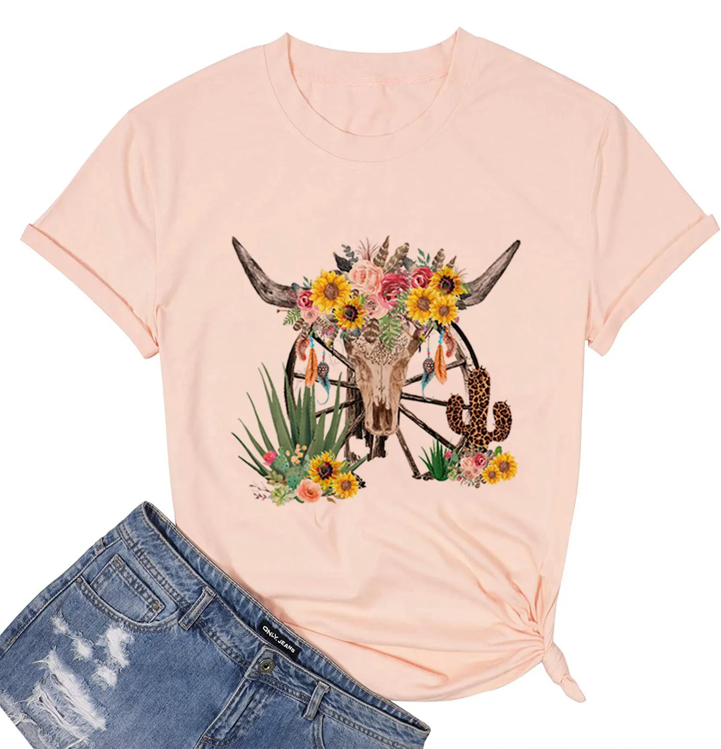 Wholesale Customized Ebay Amazon Cow Skull T Shirt Gifts for Women Cactus and Sunflowers Letter Print Graphic Shirt