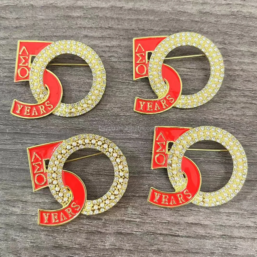 Delta Sigma Inspiration Design DST 50 Years Anniversary Gold Plated Red Enamel Rhinestone Pearl Brooch Sorority Jewelry Pin