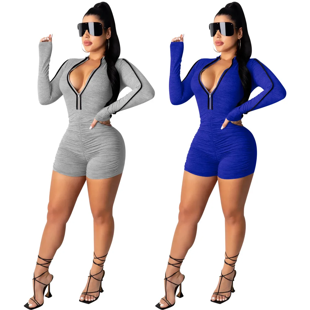 
Online Celebrity Same Popular Sexy Tight Zipper Deep V Pleated casual Jumpsuit 