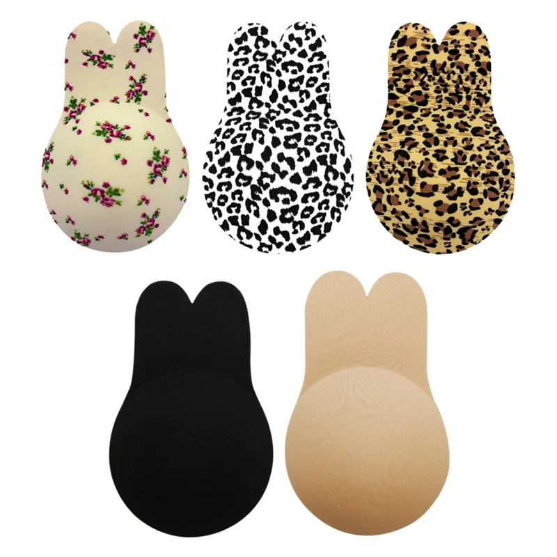 Sexy Push Up Boob Silicone Nipple Stickers Black Nude Nipple Covers Rabbit Ear Shape Nipple Bra