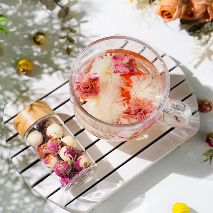 OEM Private logo 2g flower tea handmade gift glass bottle package dried mixed rose jasmine flowers lily blooming ball tea