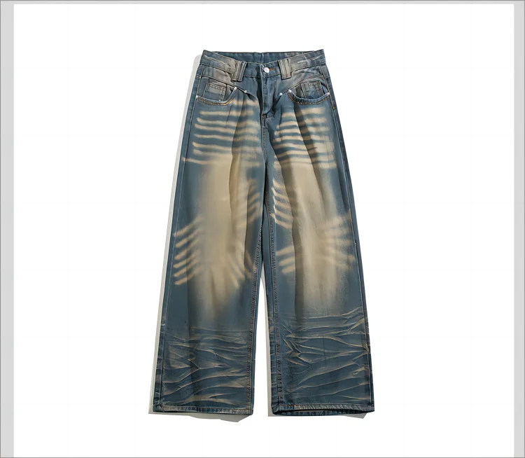 American Retro Washed Whiskered Jeans For Men Loose Straight Floor-Length Wide-Leg Trousers