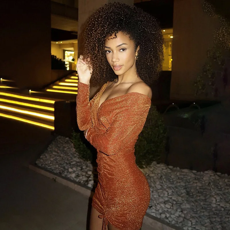 M23Ds4 Fashion Fall 2023 Casual Sequin Velvet Long Sleeved Slim Fit Drawstring Pleated Gold Sprinkling Mini Dress