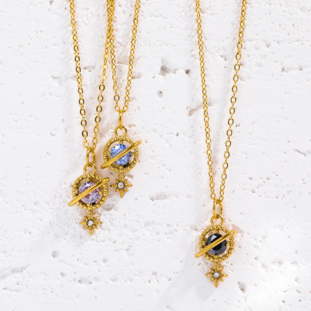 Delicate Grain Planet Star Pendant Clothing Necklaces Gold Plated Stainless Steel Colorful Zircon Inlay Saturn Pendant Necklaces