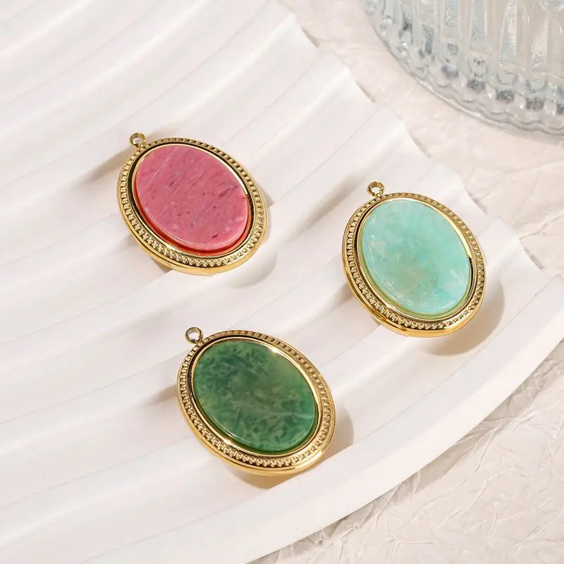 Natural Stone Crystal Oval Pendant Stainless Steel Gold Malachite Rhodonite Jade Turquoise Amazonite Pendants for Making Jewelry