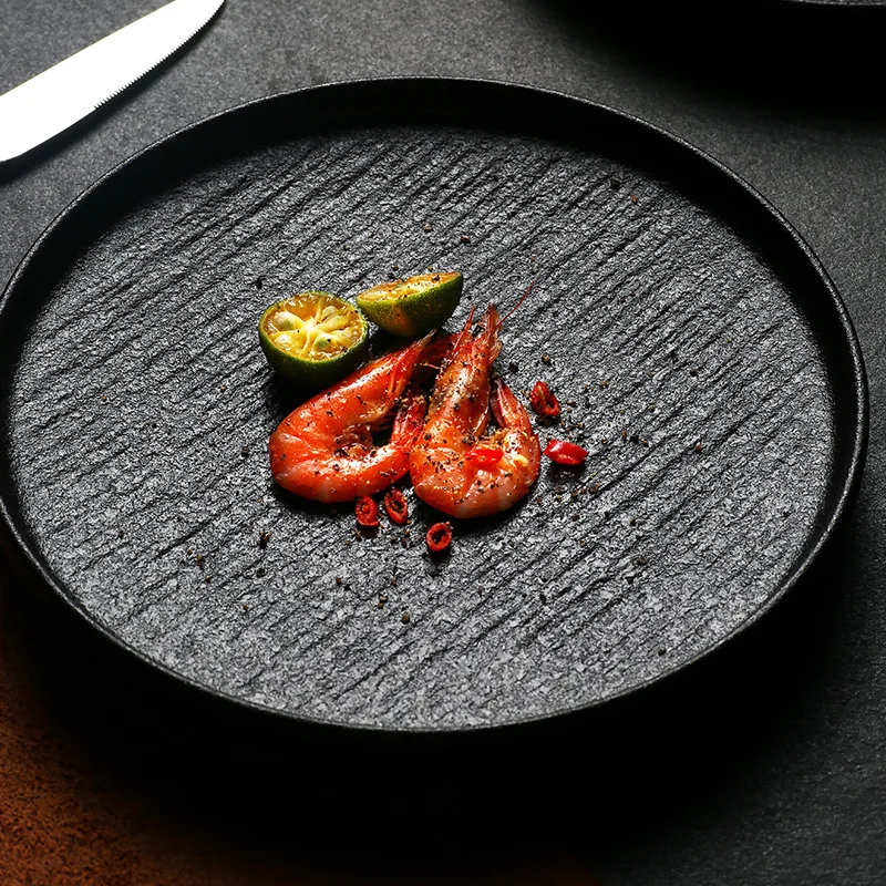 Matte Black Stoneware Ceramic Dinner Plate for Sushi Restaurant Porcelain Round Steak Plates Grain Dessert Salad Spaghetti Dish